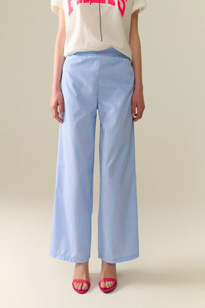 Q2 Pantaloni a gamba larga a righe blu con abbellimento in strass