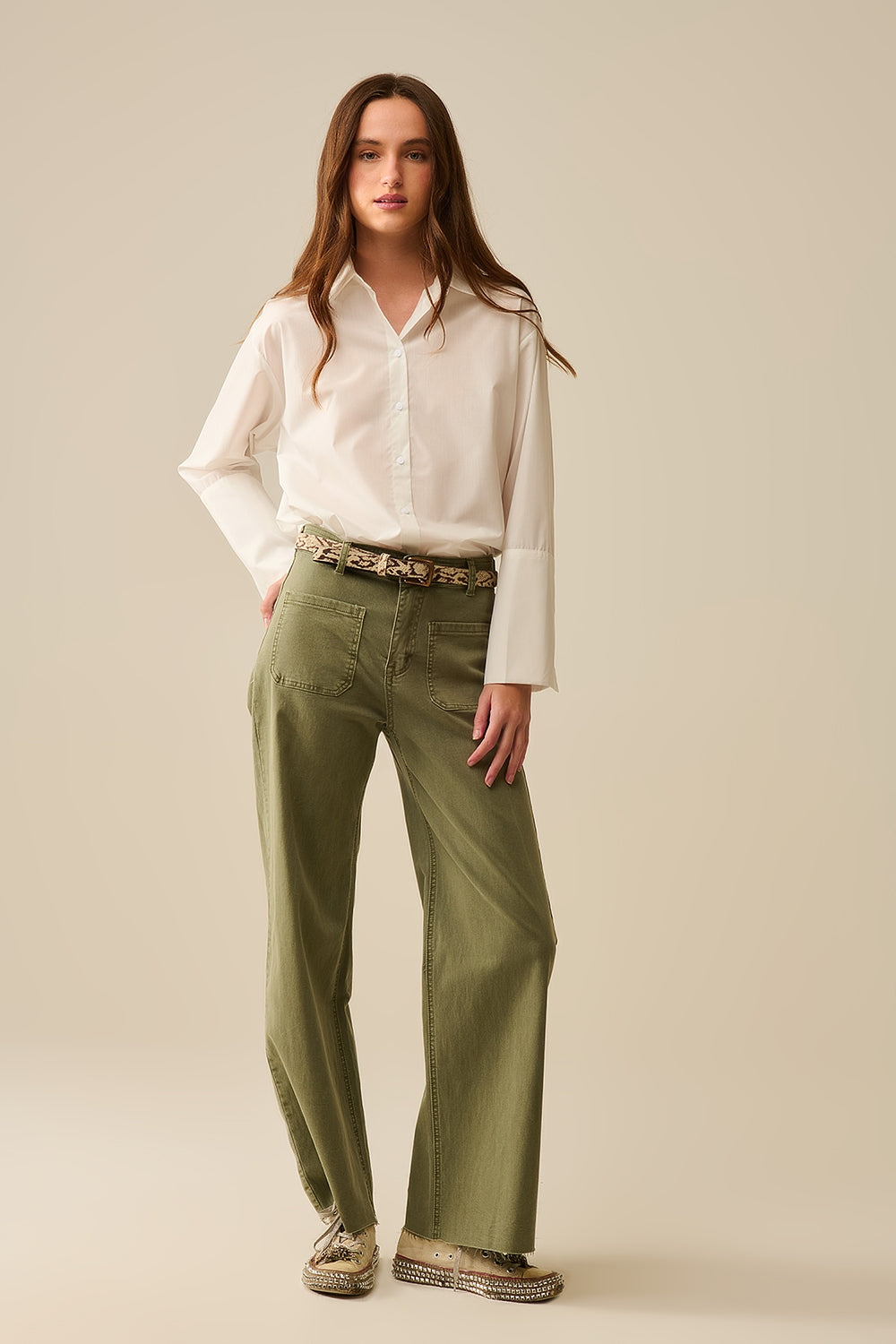 pantaloni a gamba larga con tasche anteriori in Khaki