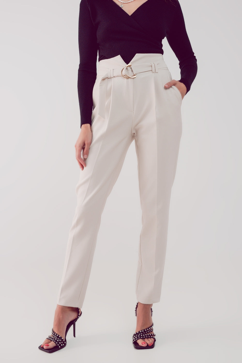 Q2 Pantaloni a sigaretta a vita alta con cintura bianco