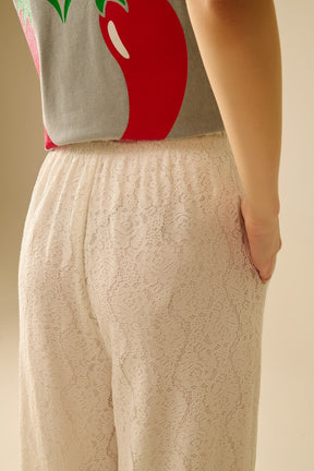 pantaloni in pizzo a gamba larga con elastico in vita