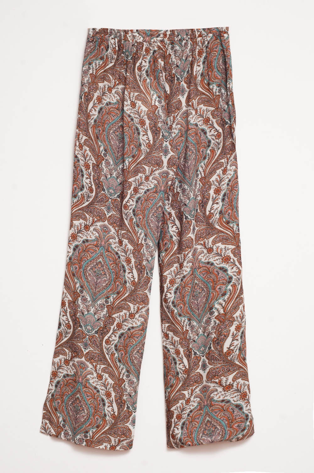 Pantaloni larghi con stampa paisley in beige