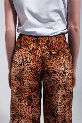 Pantaloni leggeri con fondo ampio marroni leopardati