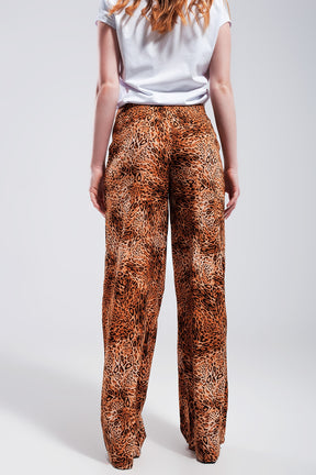 Pantaloni leggeri con fondo ampio marroni leopardati