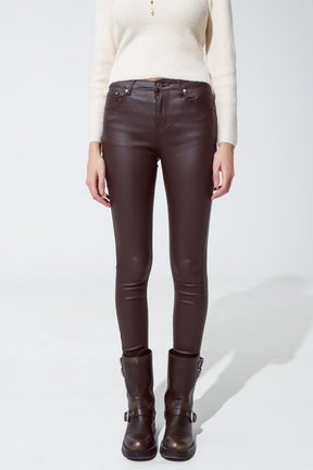 Q2 pantaloni super skinny in similpelle Marrone scuro