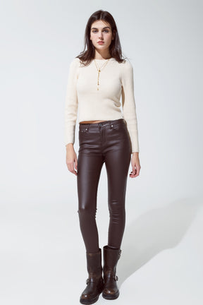 pantaloni super skinny in similpelle Marrone scuro