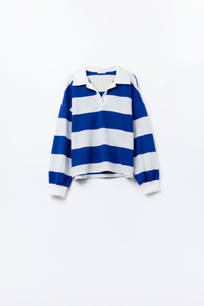 Polo a righe rilassata bianca con strisce blu