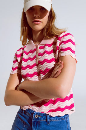 Polo rosa con righe ondulate fucsia