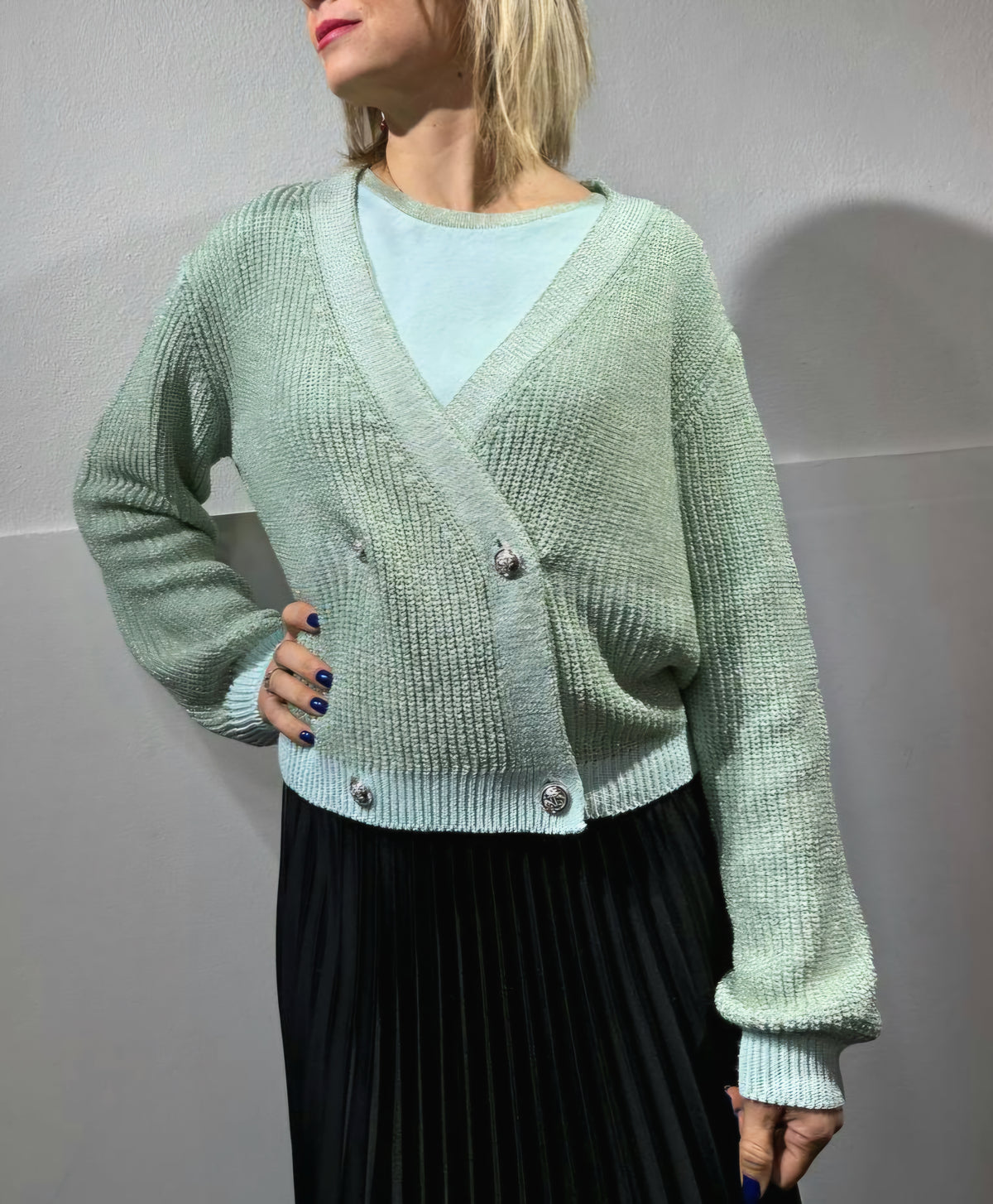 Cardigan doppiopetto lurex celadon