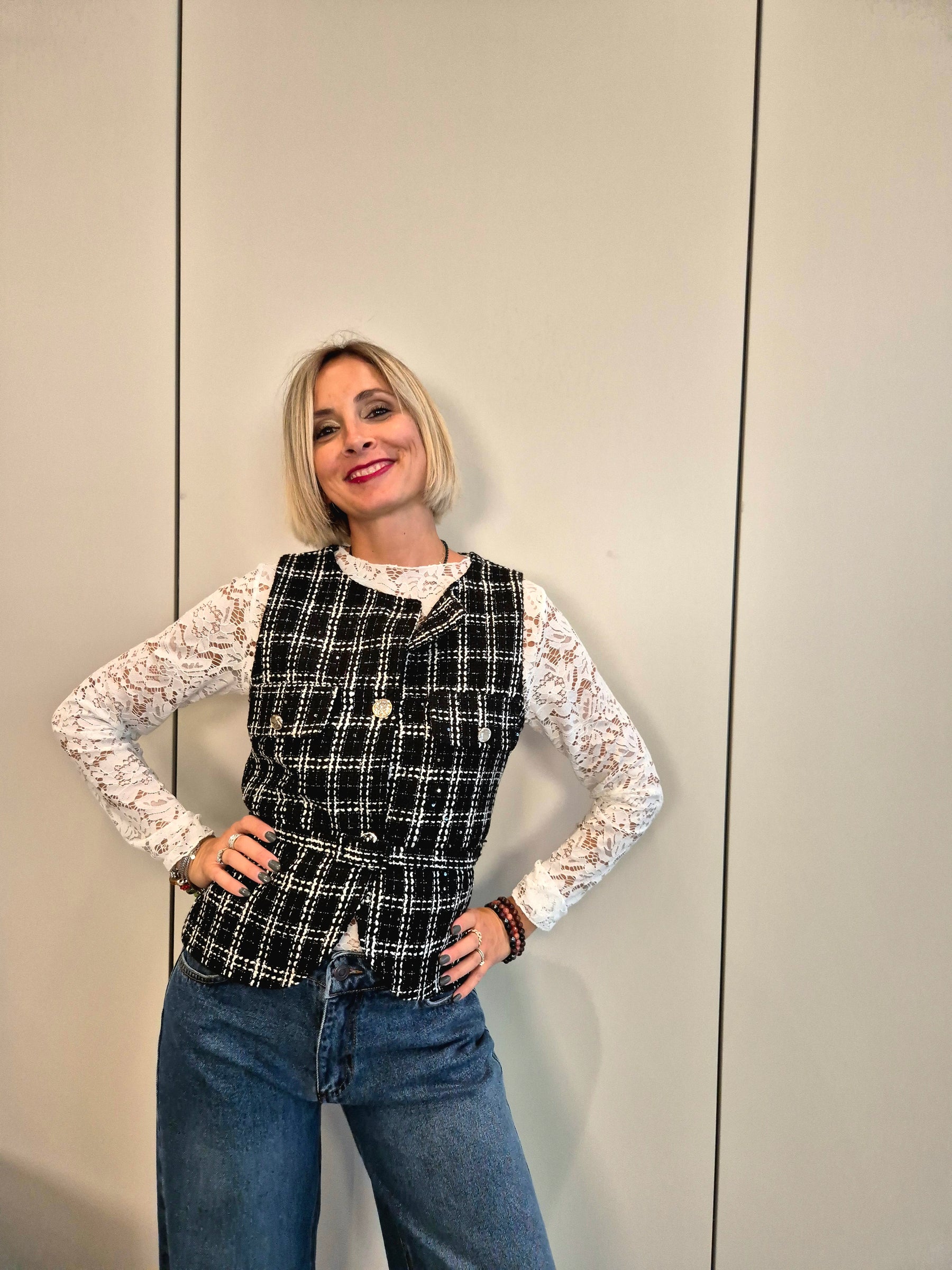 Gilet tweed con cinturino