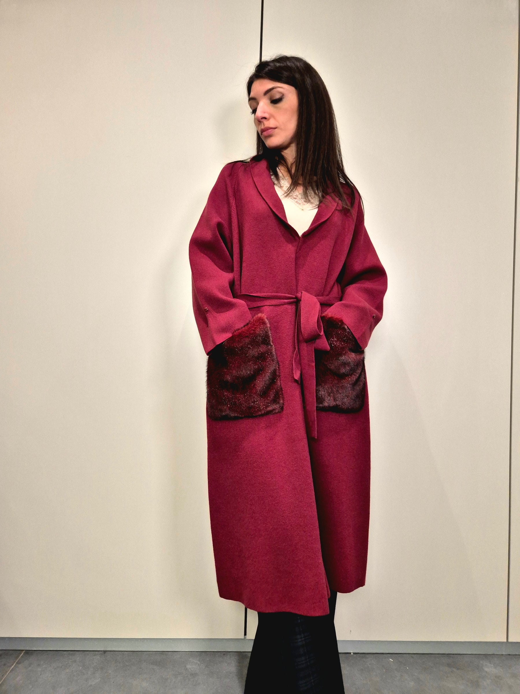 Cappotto maglia collo pelliccia