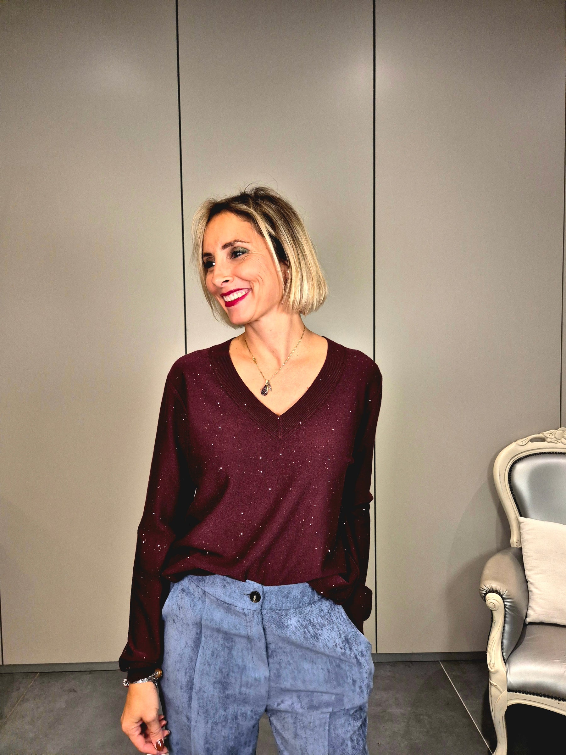 Maglia micro paillettes scollo V