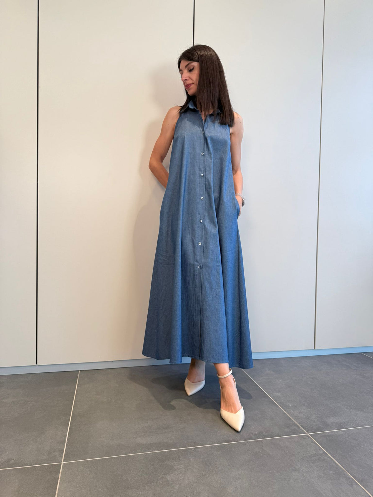 Abito lungo denim scollo schiena