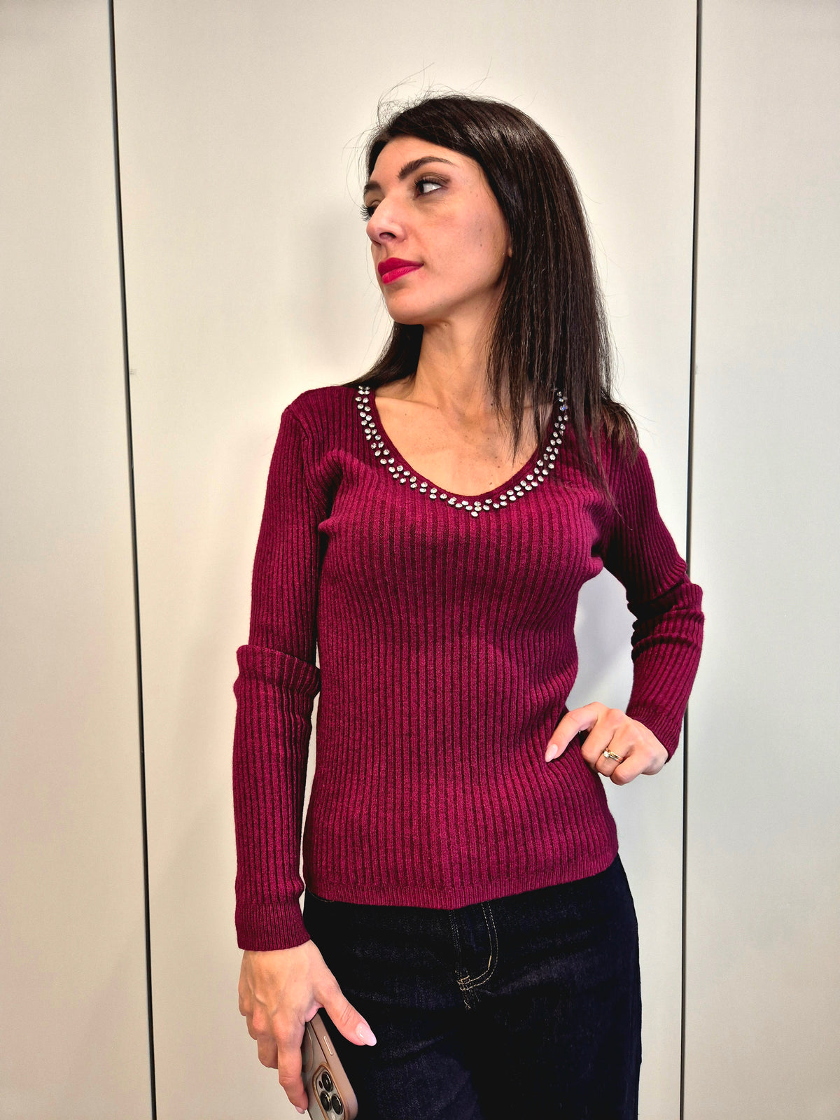 Maglia strass scollo V