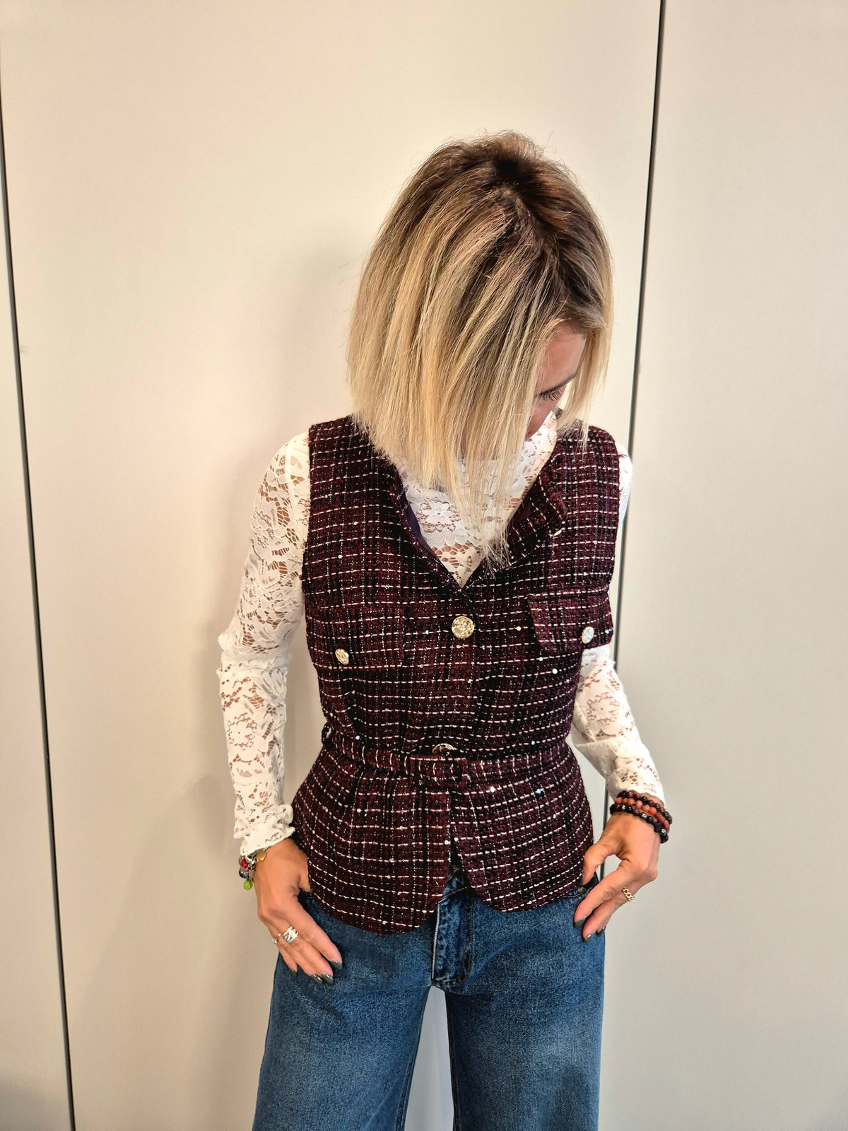 Gilet tweed con cinturino