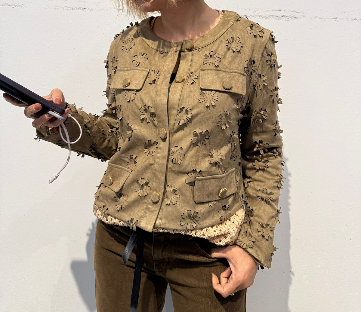 Giacca scamosciata fiori