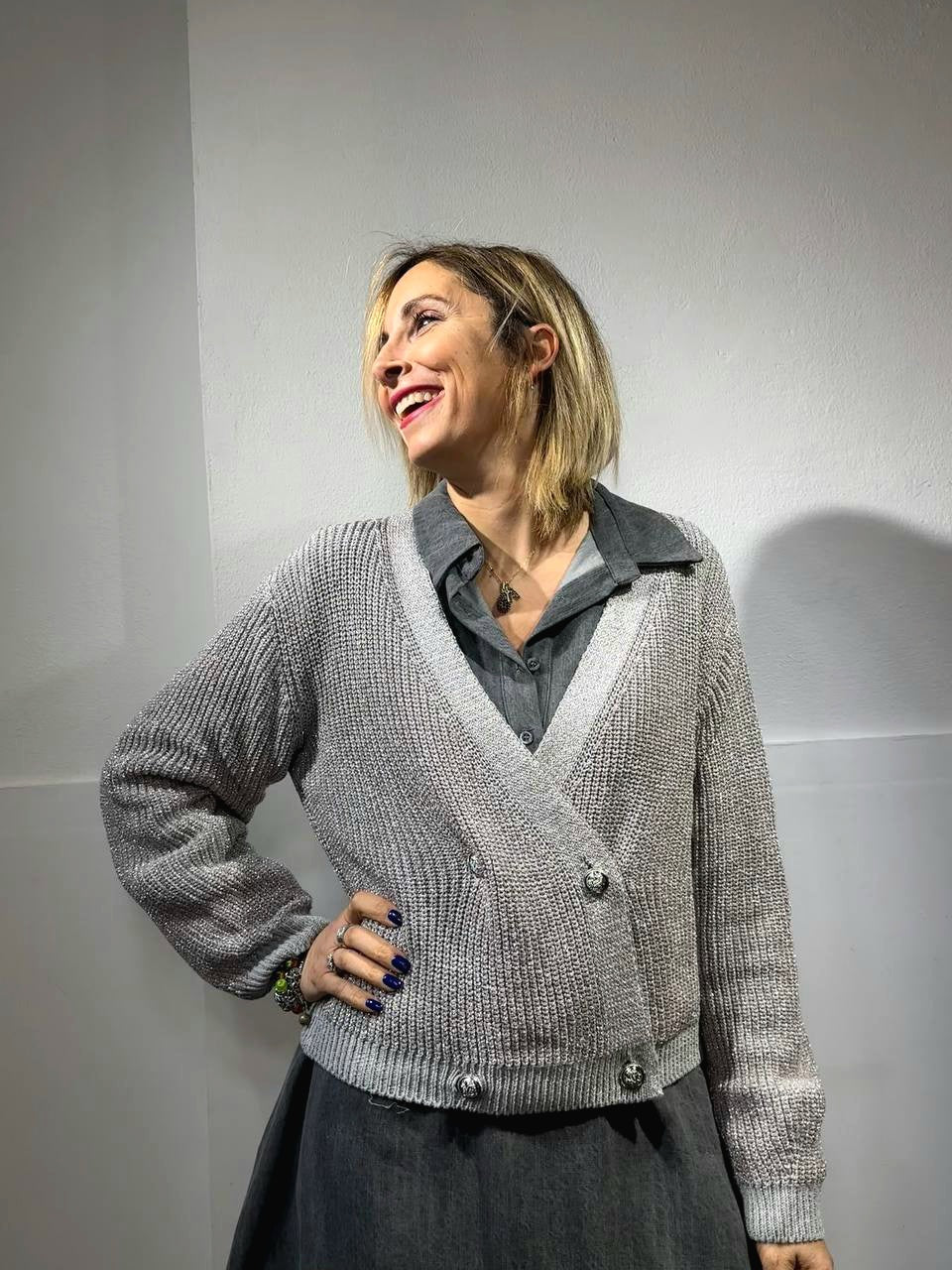 Cardigan doppiopetto lurex grigio