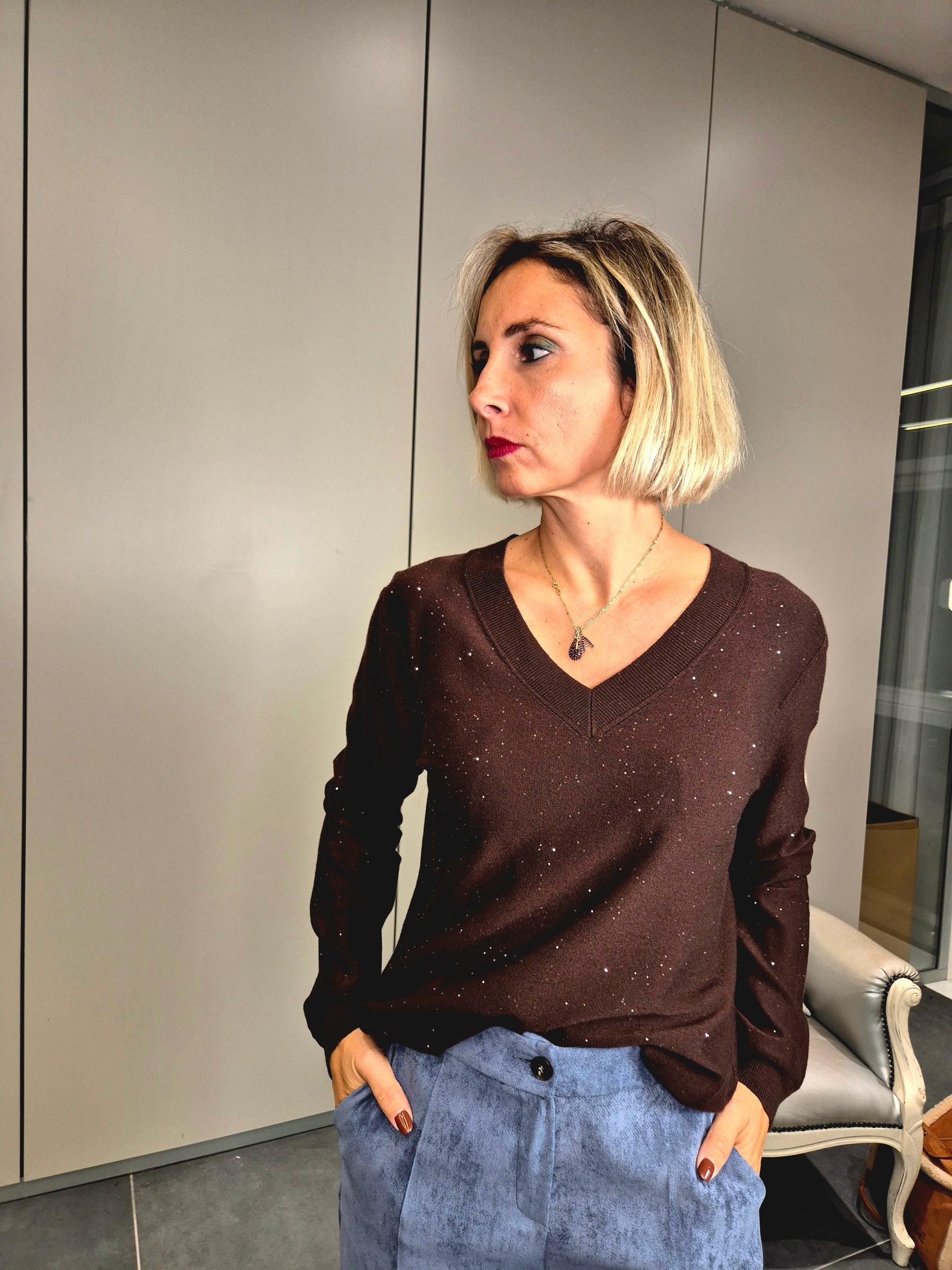 Maglia micro paillettes scollo V