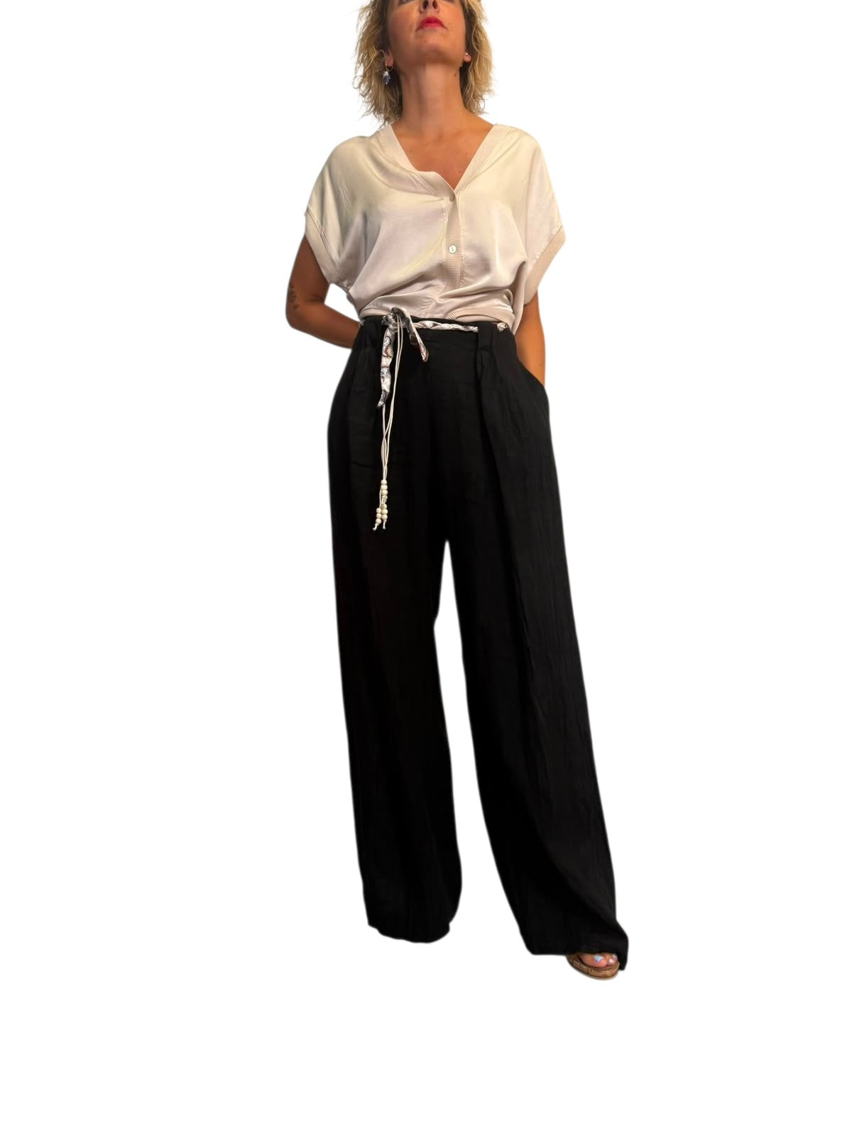 Pantaloni lino cinturino foulard