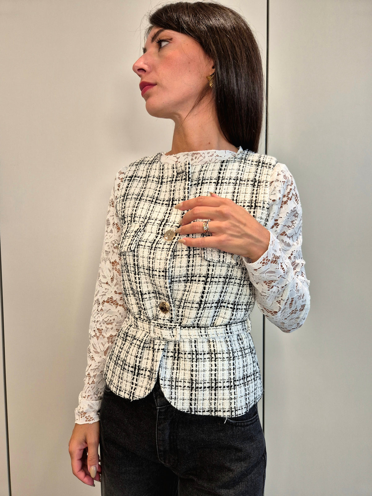 Gilet tweed con cinturino