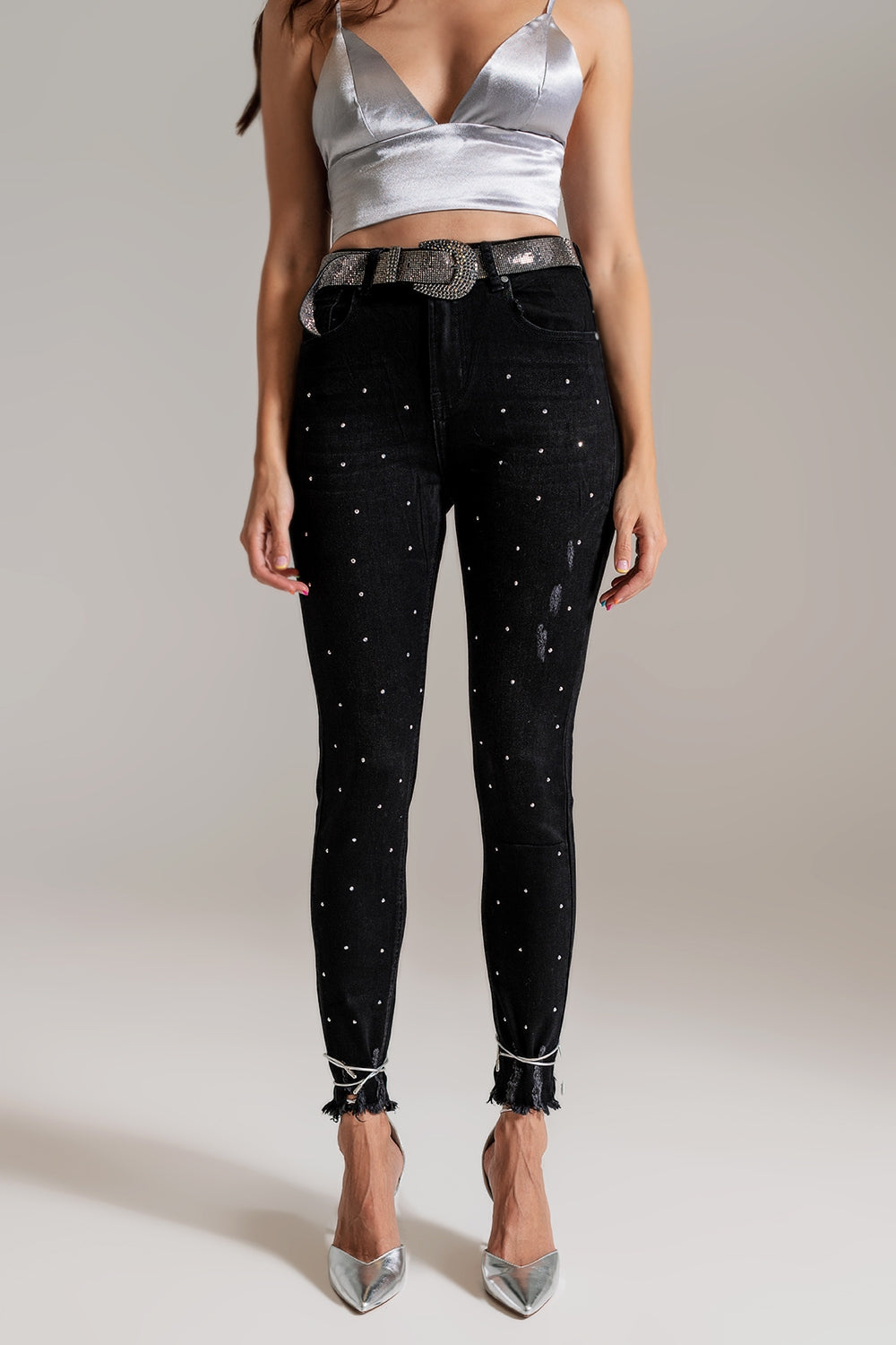 Q2 Skinny Jeans Con Dettagli Imbottiti in Tinta Nera