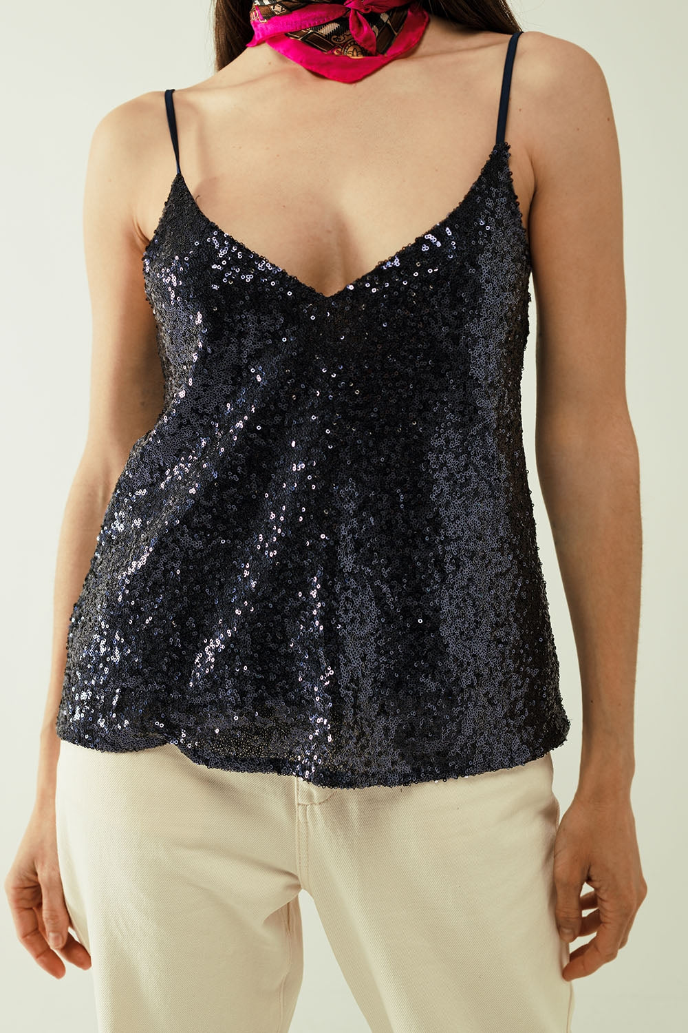 Spaguetti - Top con cinturino e profonda scollatura a V in paillettes blu navy