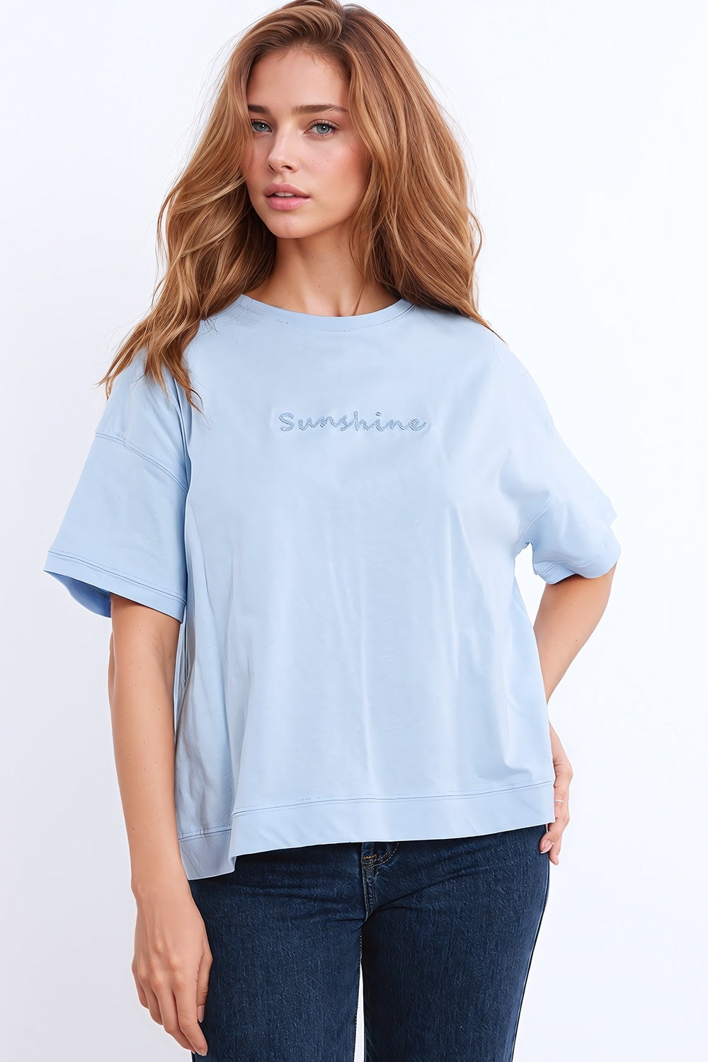 Sunshine - T-shirt oversize con testo testurizzato sul davanti - blu