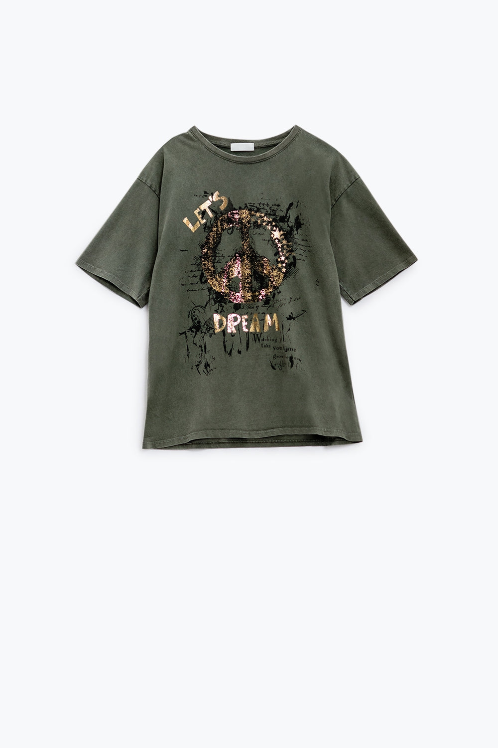 Q2 T-shirt a manica corta con grafica Peace Sign sul davanti color kaki