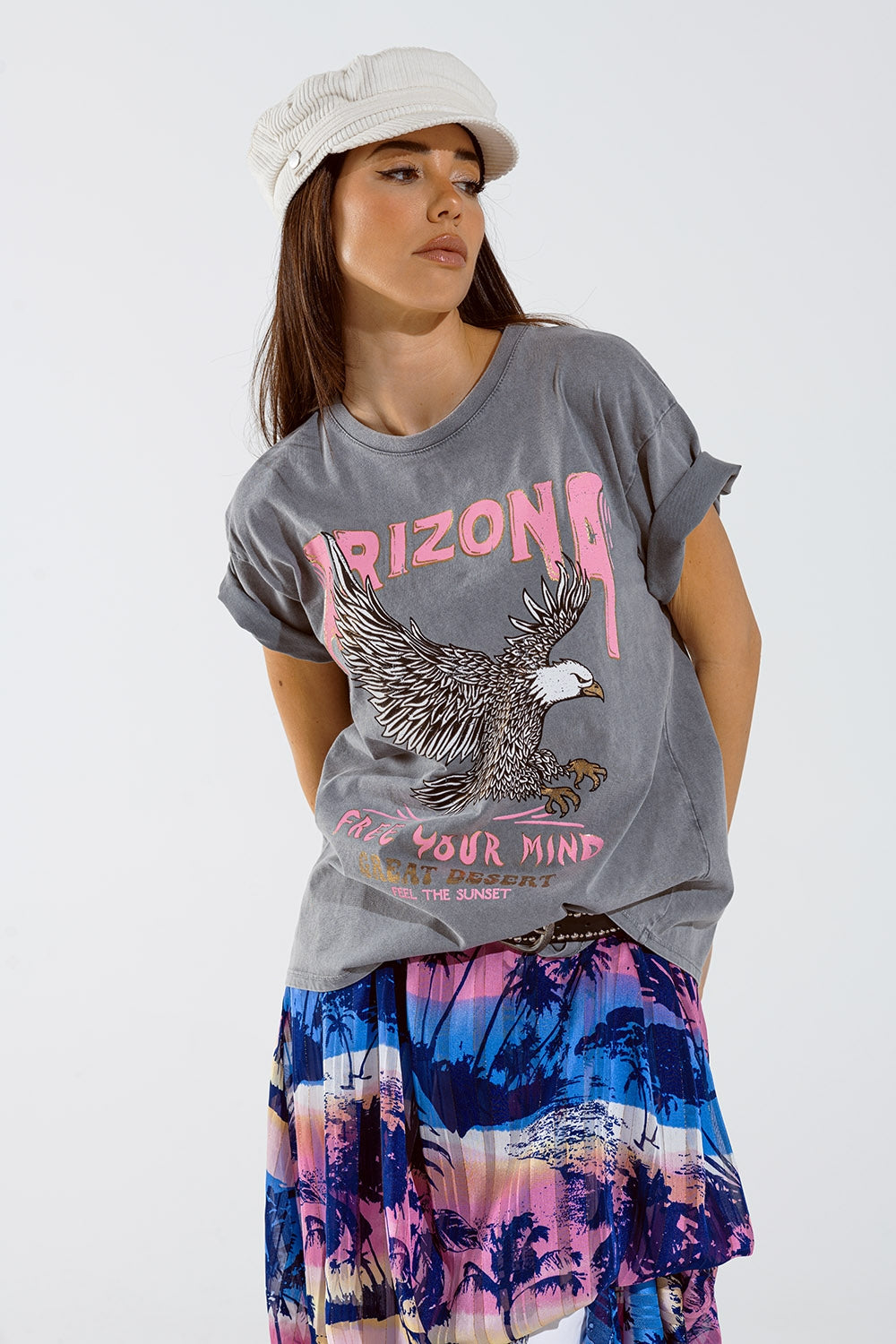 Q2 T-shirt Arizona con stampa digitale dell'aquila in grigio