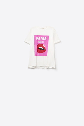 T-shirt bianca rilassata con stampa di labbra made in Italy
