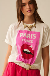 Q2 T-shirt bianca rilassata con stampa di labbra made in Italy