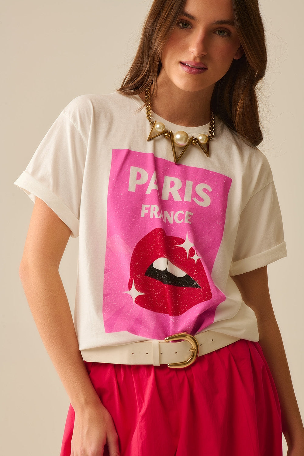 T-shirt bianca rilassata con stampa di labbra made in Italy