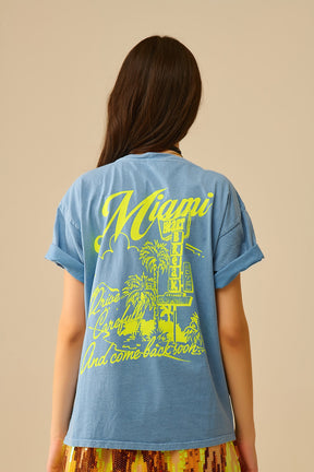 T-shirt blu con stampa del logo Miami in giallo