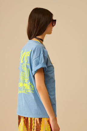 T-shirt blu con stampa del logo Miami in giallo