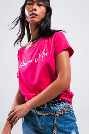 T shirt color fucsia con scritta Amore Mio