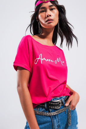 T shirt color fucsia con scritta Amore Mio