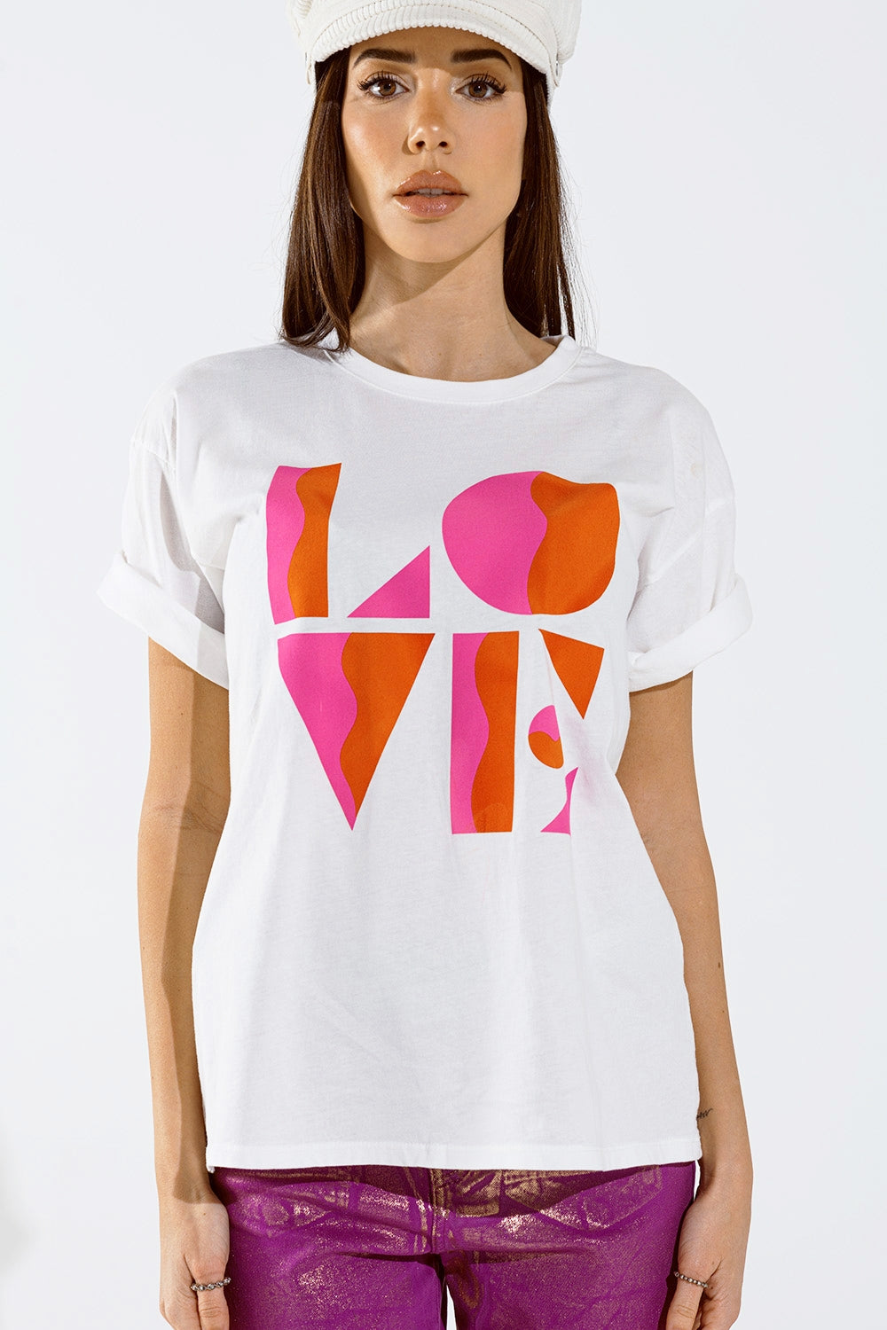 T-shirt con stampa digitale LOVE art déco in bianco