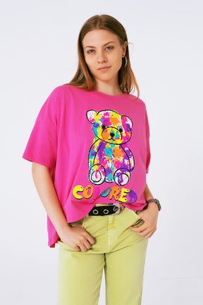 Q2 T-shirt fuchsia ampia con orsetto colorato