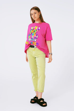 T-shirt fuchsia ampia con orsetto colorato