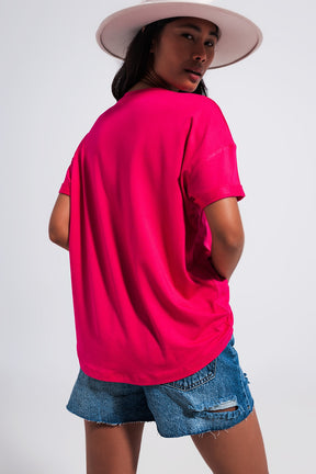 T shirt fucsia con scritta Good Vibes