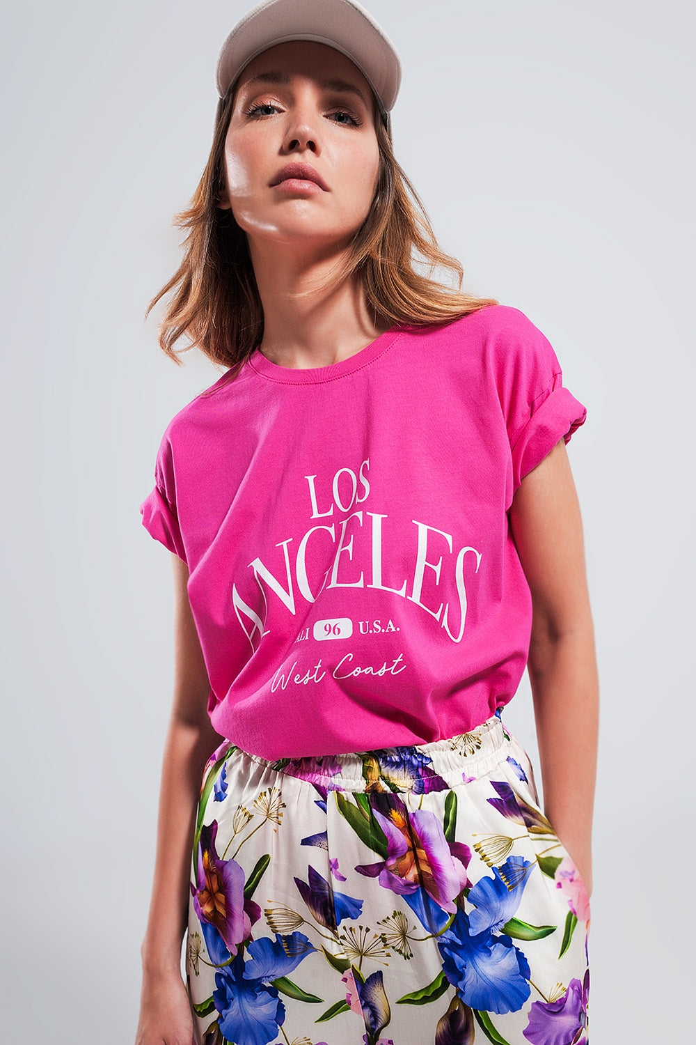 Q2 T shirt fucsia con scritta Los Angeles