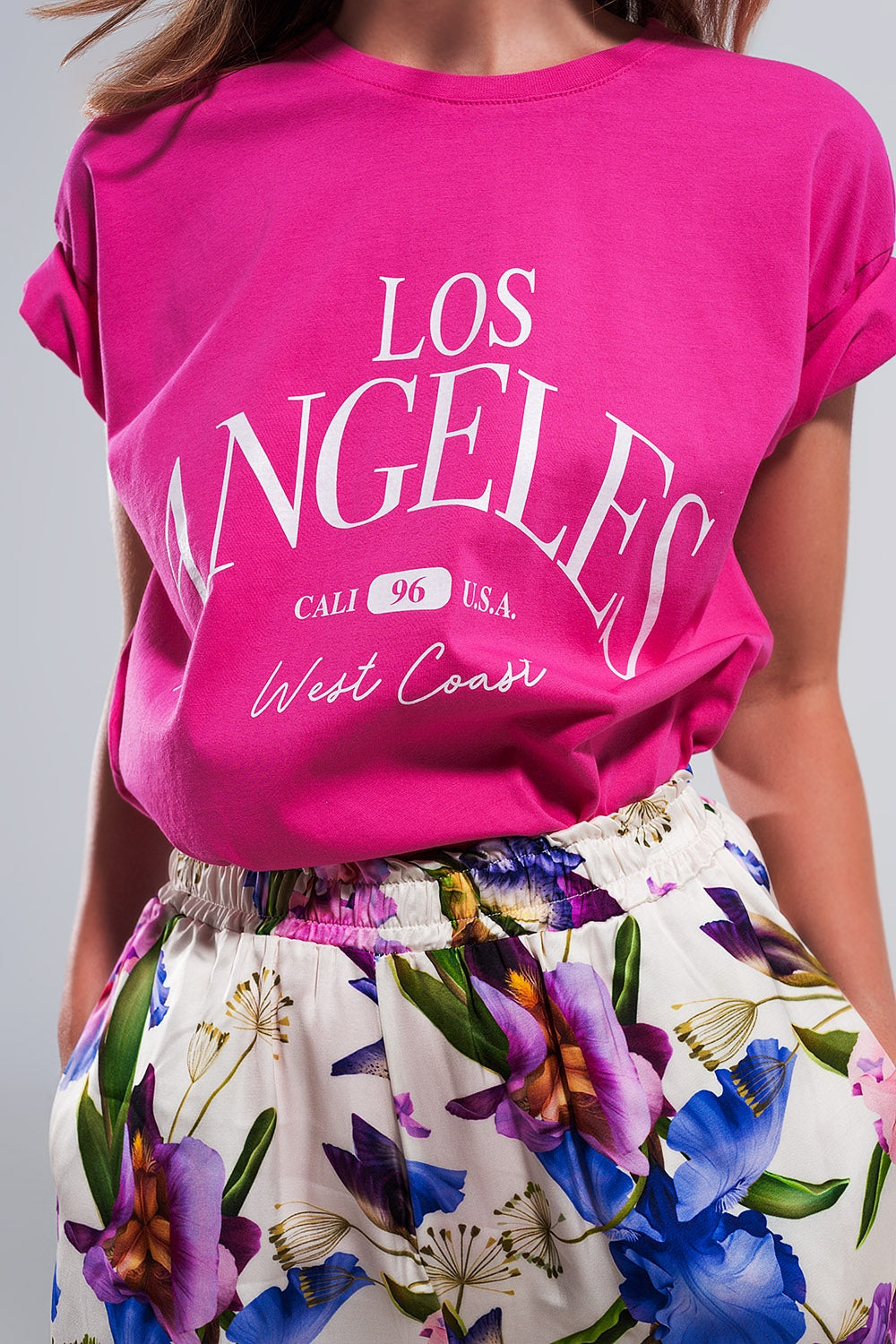 T shirt fucsia con scritta Los Angeles