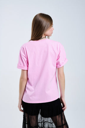 T-shirt grafica Pink Rebel con linguetta leopardata