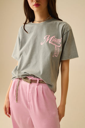 T-shirt grigia con stampa del logo Miami in rosa
