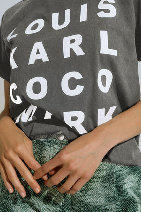 T-shirt grigio chiaro con loghi di nomi famosi sul davanti