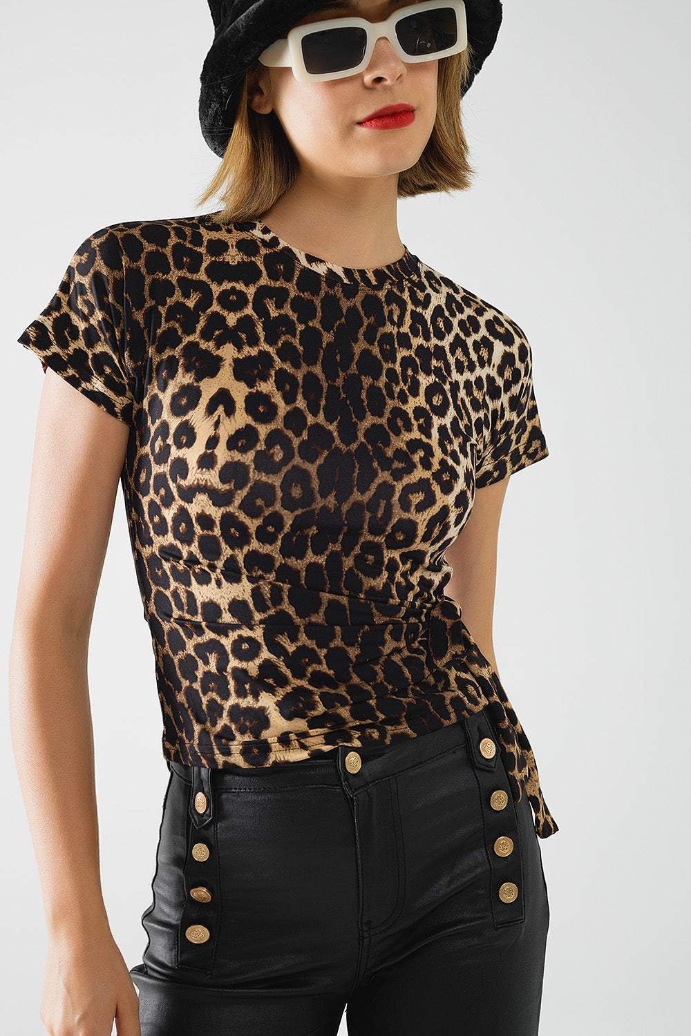 T-shirt in Spandex con stampa leopardo e fiocco