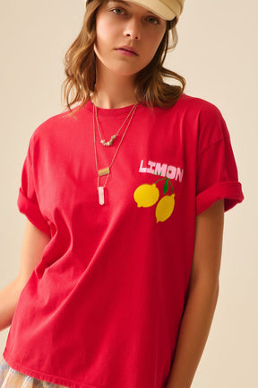 t-shirt rossa rilassata con stampa di limoni made in Italy