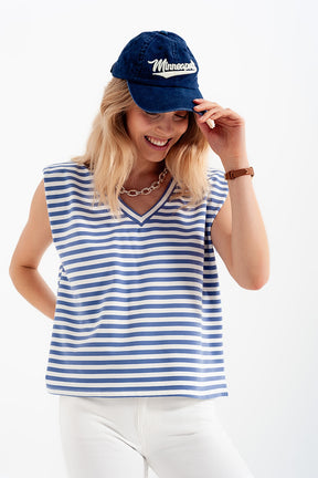 T-shirt senza maniche con spalle imbottite a righe blu