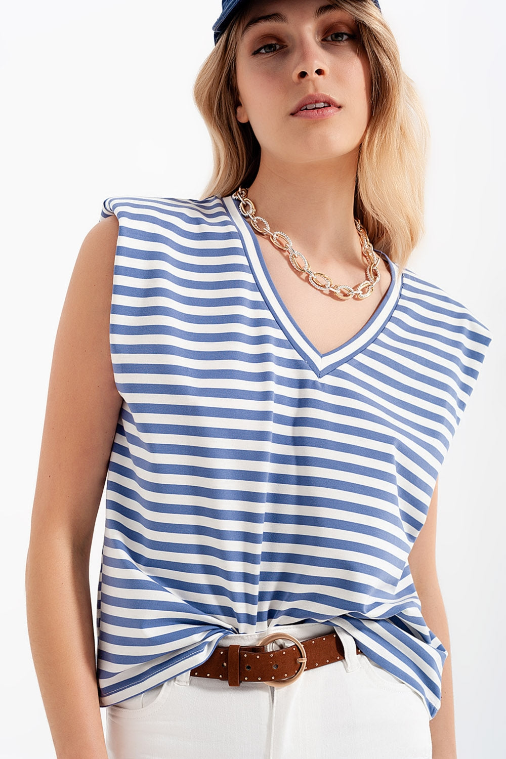 T-shirt senza maniche con spalle imbottite a righe blu