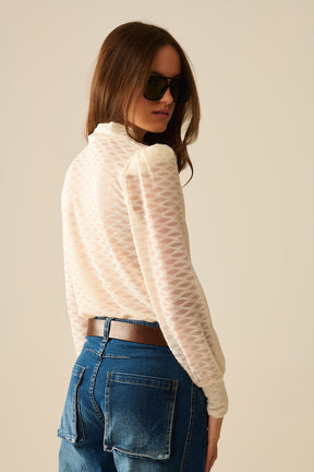 Top a Collo Alto in Pizzo Beige Trasparente con Spalle a Sbuffo