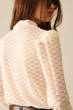 Top a Collo Alto in Pizzo Beige Trasparente con Spalle a Sbuffo